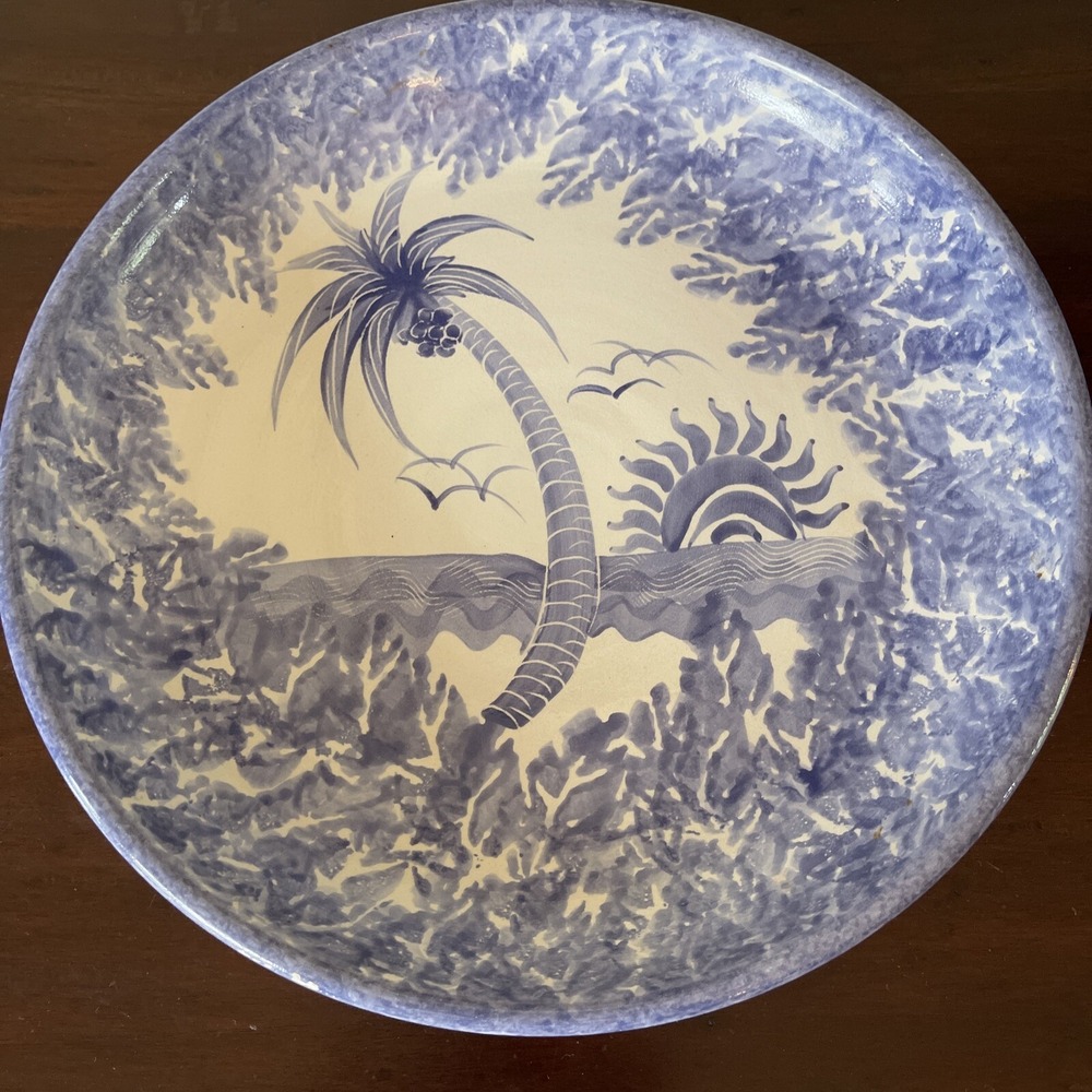 David Francke Studio Art Pottery Serving Bowl Coastal‎ Palm Tree Signed Tropical